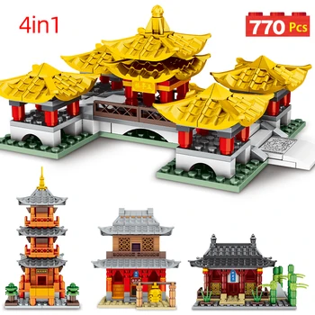 770pcs 4 az 1-ben a Város Kínai Klasszikus Építészeti Modell építőkövei Torony Palota, Ház, Tégla, DIY Játékok Ajándékok