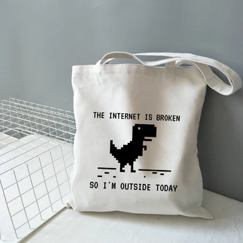 Internet Törött Tehát Kint vagyok Ma Dinosuar Nyomtatás Vászon válltáska Hölgy Táskáját Újrafelhasználható Nagy Kapacitású Tote Bags
