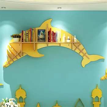Kreatív, Modern Fa Falra szerelhető Rack Delfin Alakú Tároló Háttér Dekoráció Könyvespolc Könyv Polc Bútor Könyvespolc