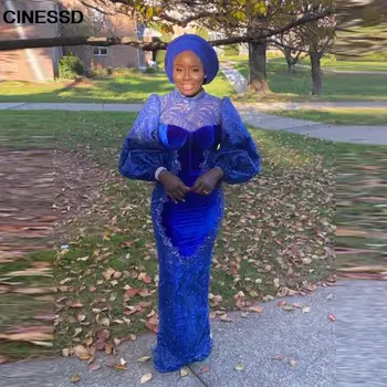 Royal Kék Sellő Estélyi Ruhák Bársony, Csipke Appliqués Magas Nyakú, Hosszú Ujjú Prom Ruha a Plus Size Afrikai Fél vestidos