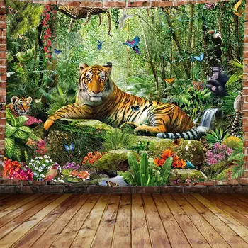 Trópusi esőerdő táj lóg erdő tigris mécsesek erdei állat fal gobelin esztétikai szoba dekoráció